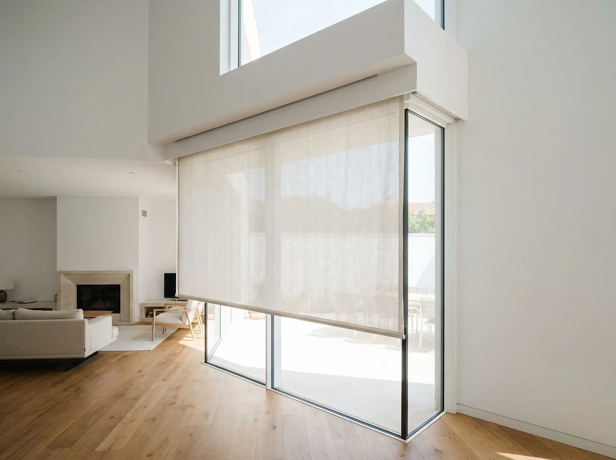 Slim ceiling-recessed blind dropping from a hidden slot in a double-volume Baronetcy Estate living space, no visible headrail
