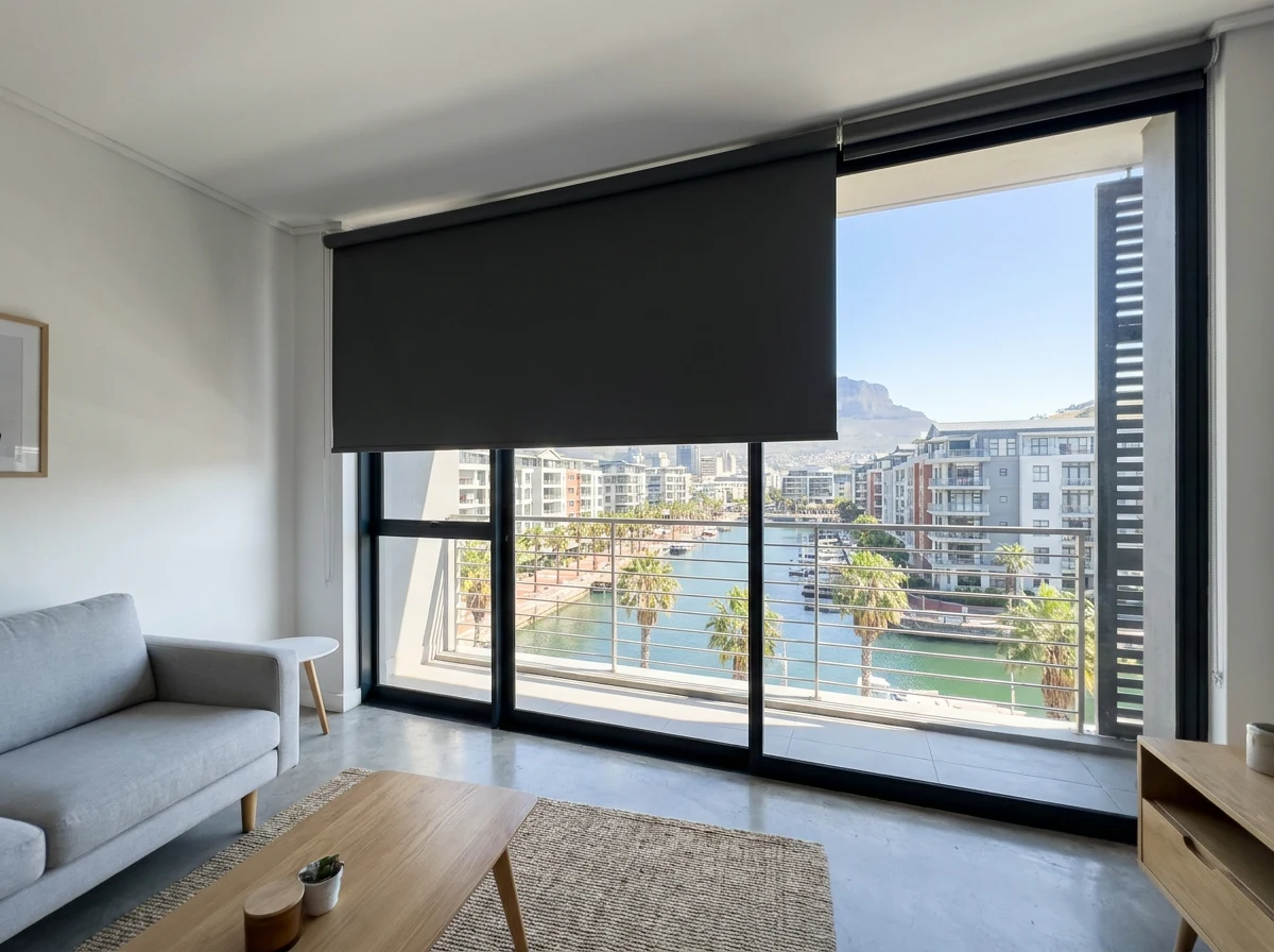 Modern apartment interior in Century City, Cape Town with a floor-to-ceiling window fitted with a blockout roller blind, canal and marina visible outside