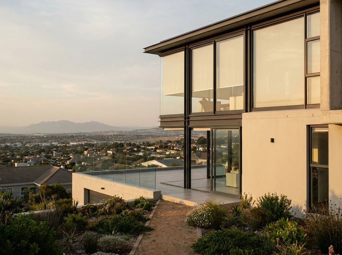 Contemporary ridge-top home in Plattekloof, Cape Town with large view-facing windows fitted with a sunscreen roller blind