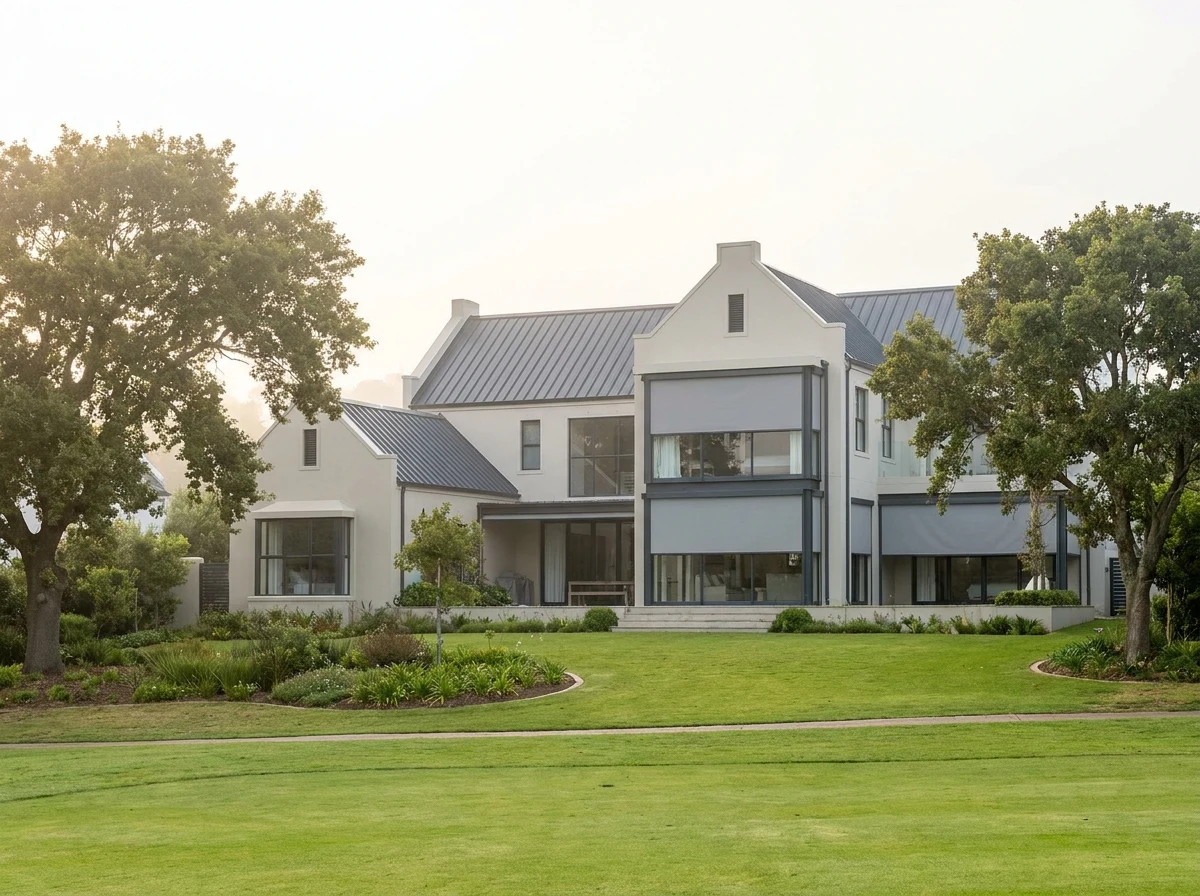 Cape farmstead-revival double-storey family home in Welgemoed, Bellville, on the edge of a golf course, with motorised roller blinds fitted to the windows
