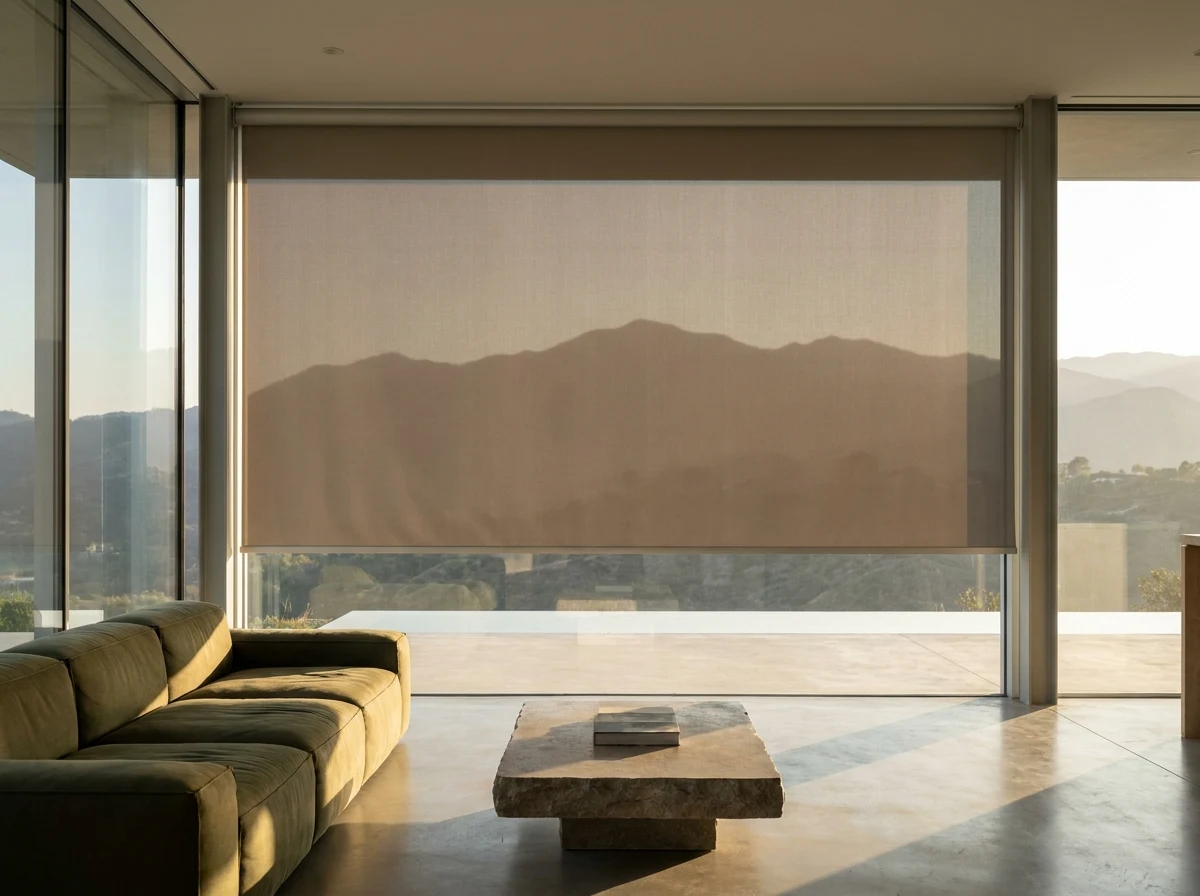 Sunscreen roller blind lowered halfway across a floor-to-ceiling window in a Baronetcy Estate home, mountain silhouette visible through the mesh