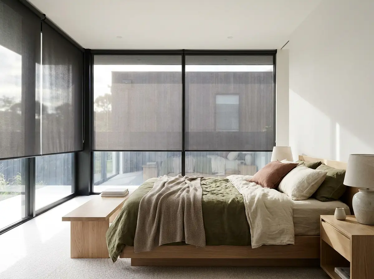 Main bedroom in a Baronetcy Estate home with a sunscreen roller blind lowered across floor-to-ceiling glass